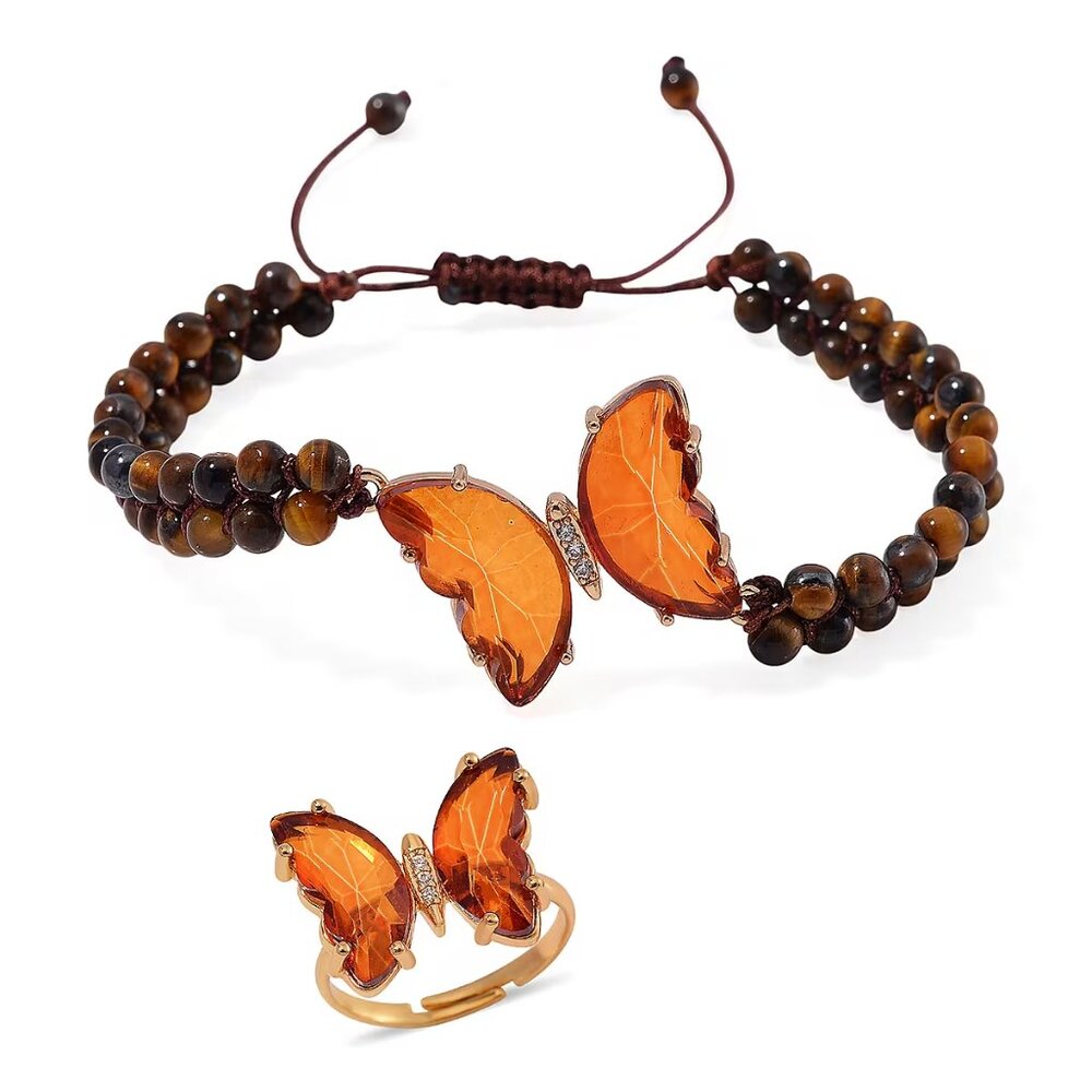 Pretty Brown Glass and Yellow Tiger's Eye Beaded Butterfly Bracelet and Ring Set